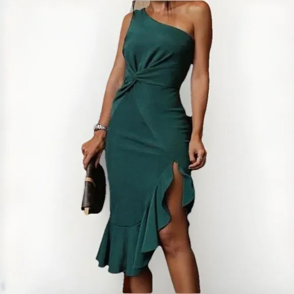 Women Night Gown Dress Large Green One Shoulder Ruffle Hem CHICME - Picture 2 of 16